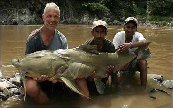 Caught ... Jeremy Wade and locals hold goonch